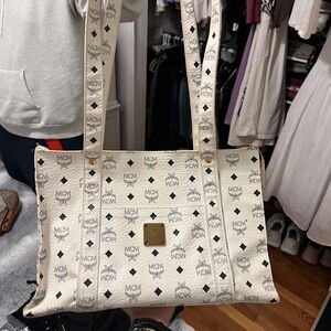 MCM White Leather trimmed tote bag